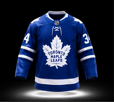 Blue Maple Leafs hockey jersey rotating above a spotlight